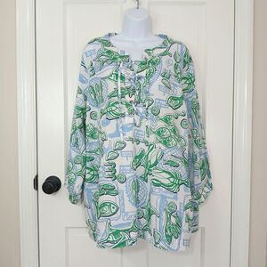 Talbots Plus Petite 3XP Lace-Up Tunic Top Fish Market Nautical Print Cotton